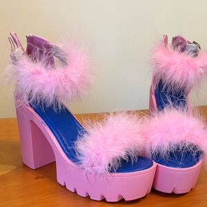 Pink Feather-Trim Platform Heels - Women's